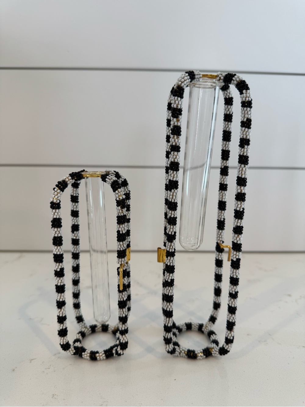 MacKenzie-Childs Black & White Beaded Bud Vase Holders – Set of 2